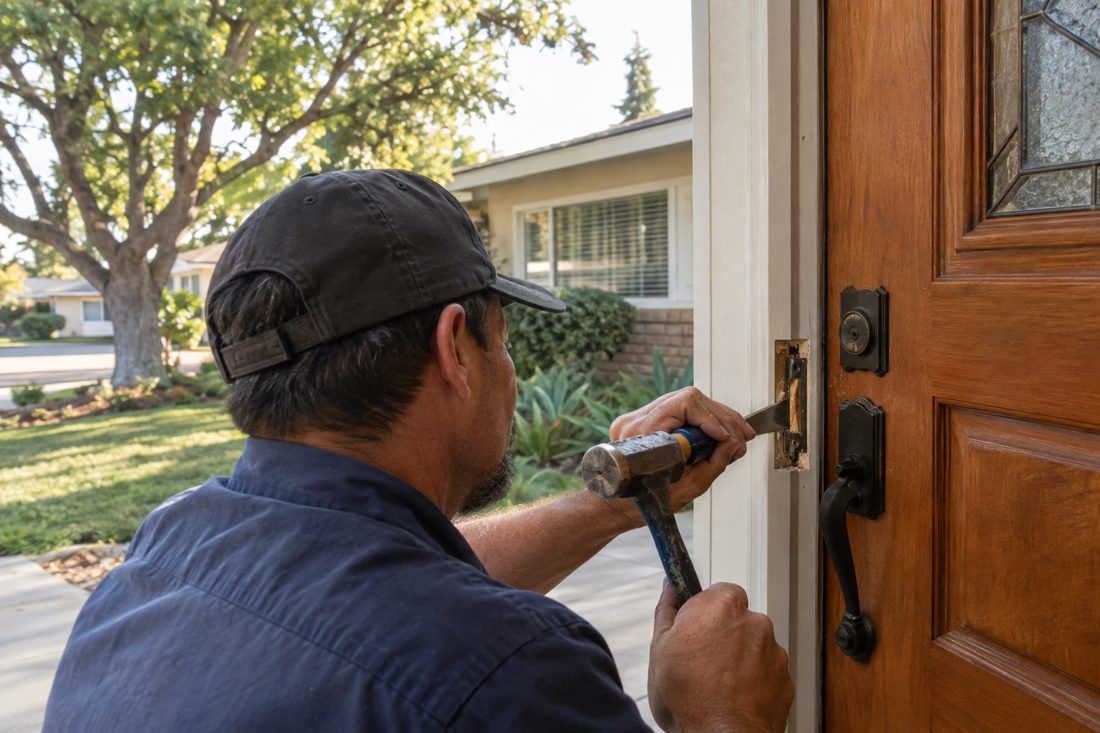 A locksmith adjusting a door strike plate with a chisel at a 1950s Downey ranch home with mature trees in Downey, CA