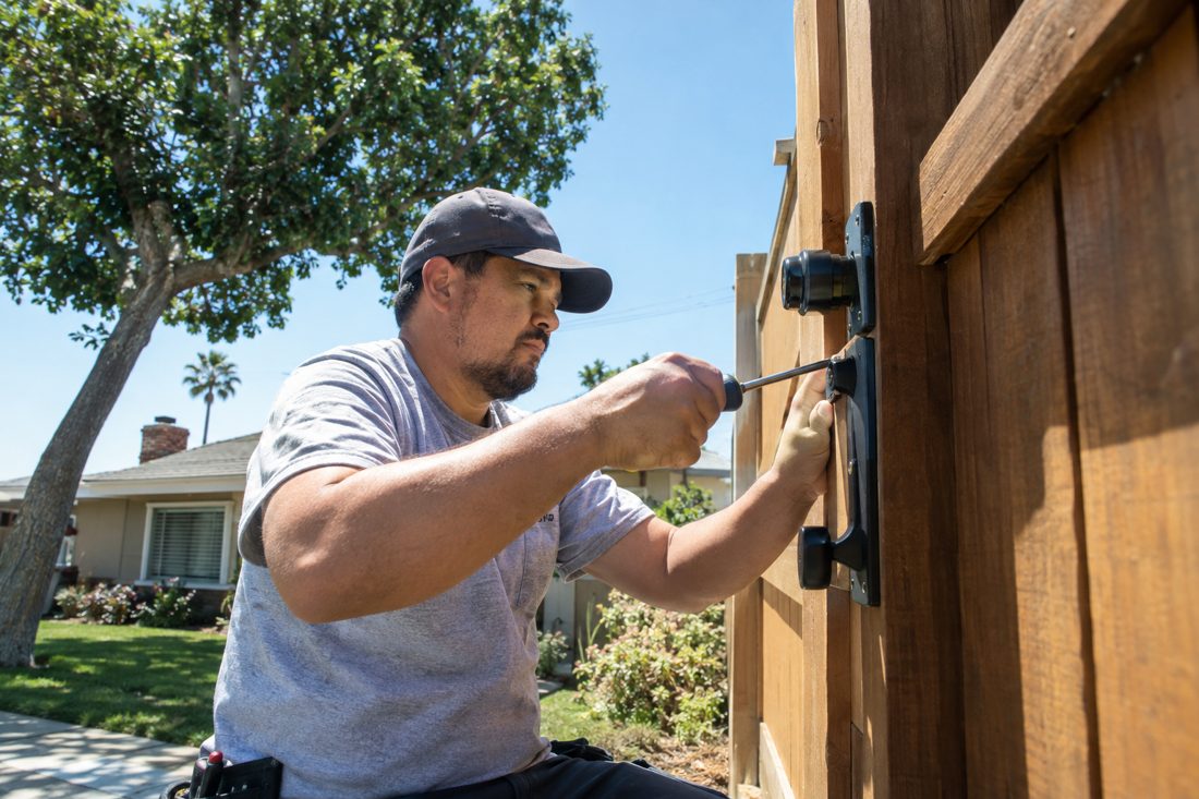 A gate lock on a backyard wooden gate being installed at a 1950s Downey ranch home with mature trees in Downey, CA