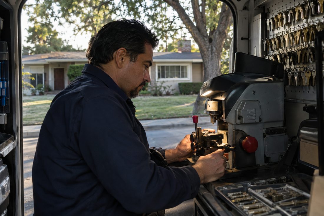 A locksmith duplicating keys at a mobile key machine inside his van at a 1950s Downey ranch home with mature trees in Downey, CA