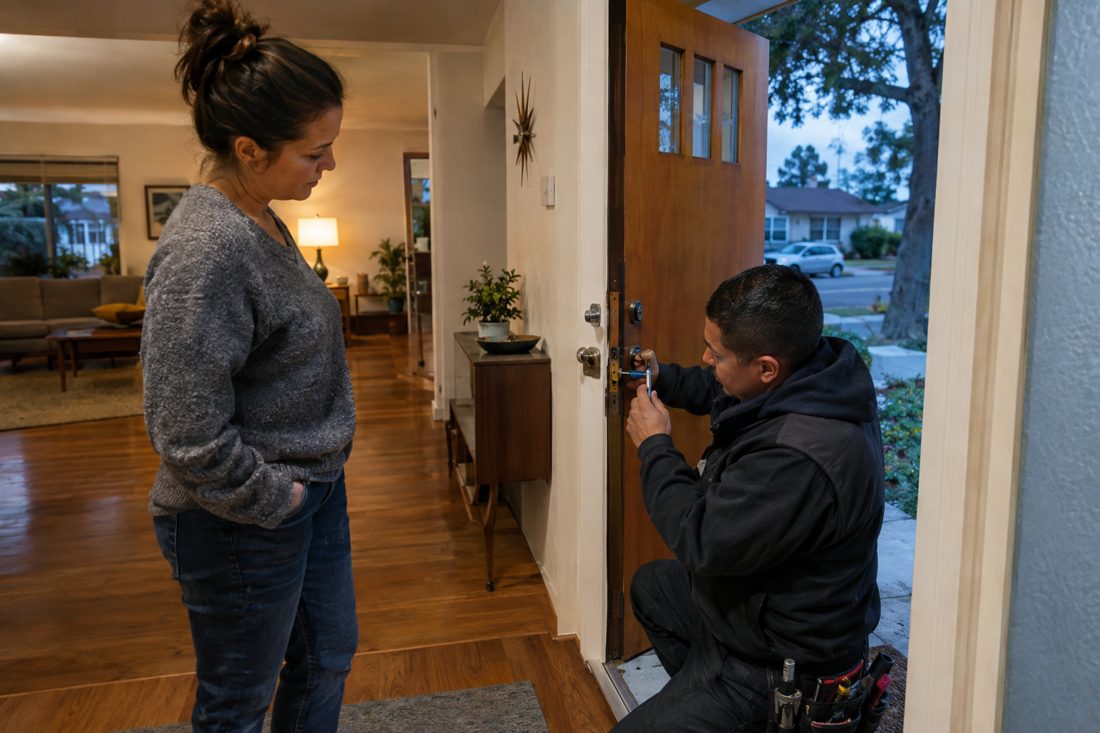 A homeowner watching a locksmith change a front door lock after moving in at a 1950s Downey ranch home with mature trees in Downey, CA