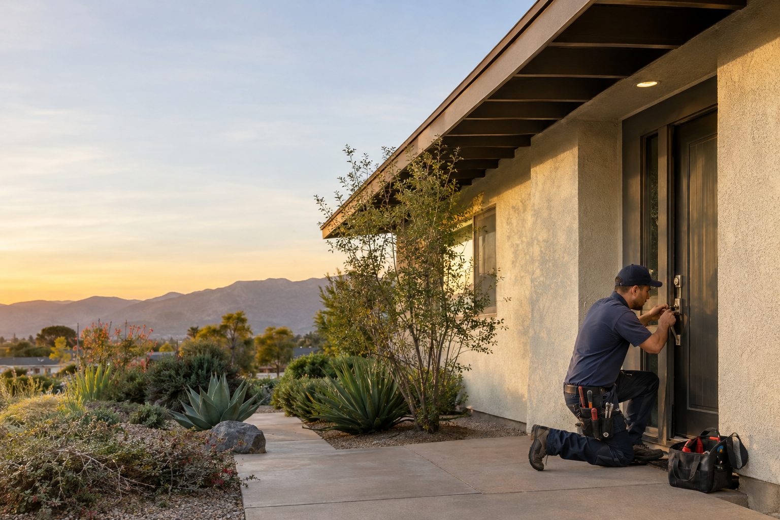 A locksmith rekeys the front door of a stucco ranch in Rio San Gabriel while checking the lock beside the entry in Rio San Gabriel, CA